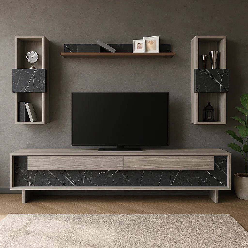 TV table - MDF wood - Beige & grey - 180x35x40 cm - Cataloug