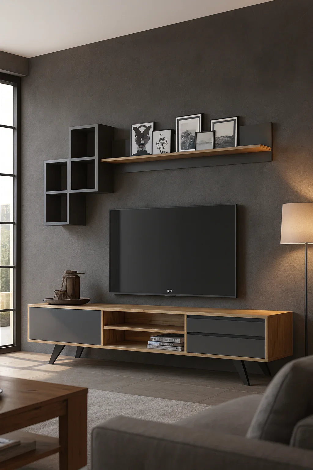 TV table - MDF wood - Beige & grey - 160x35x45 cm - Cataloug