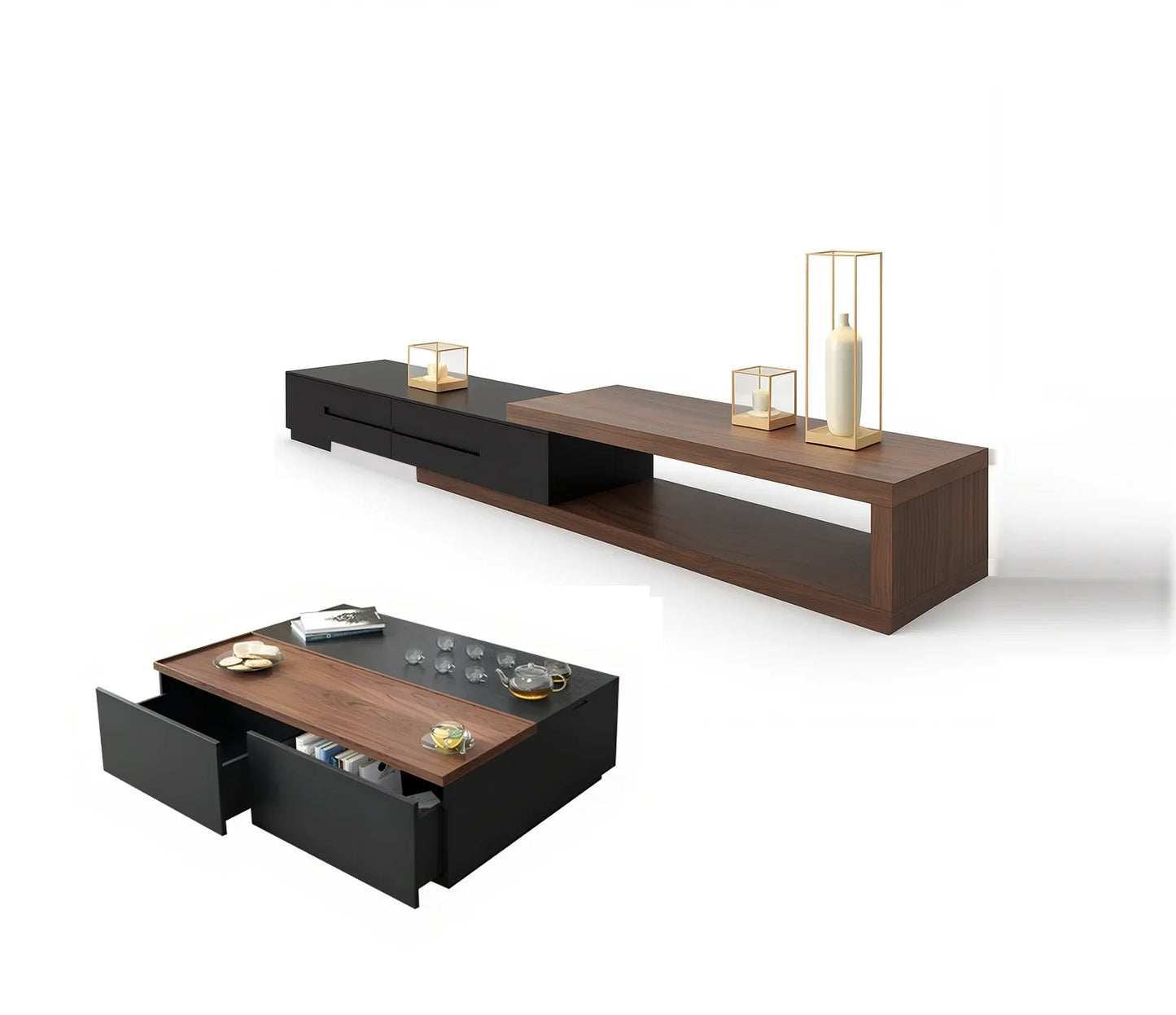 Bundle of TV Table and Coffee Table - MDF wood - Brown & Black - Cataloug