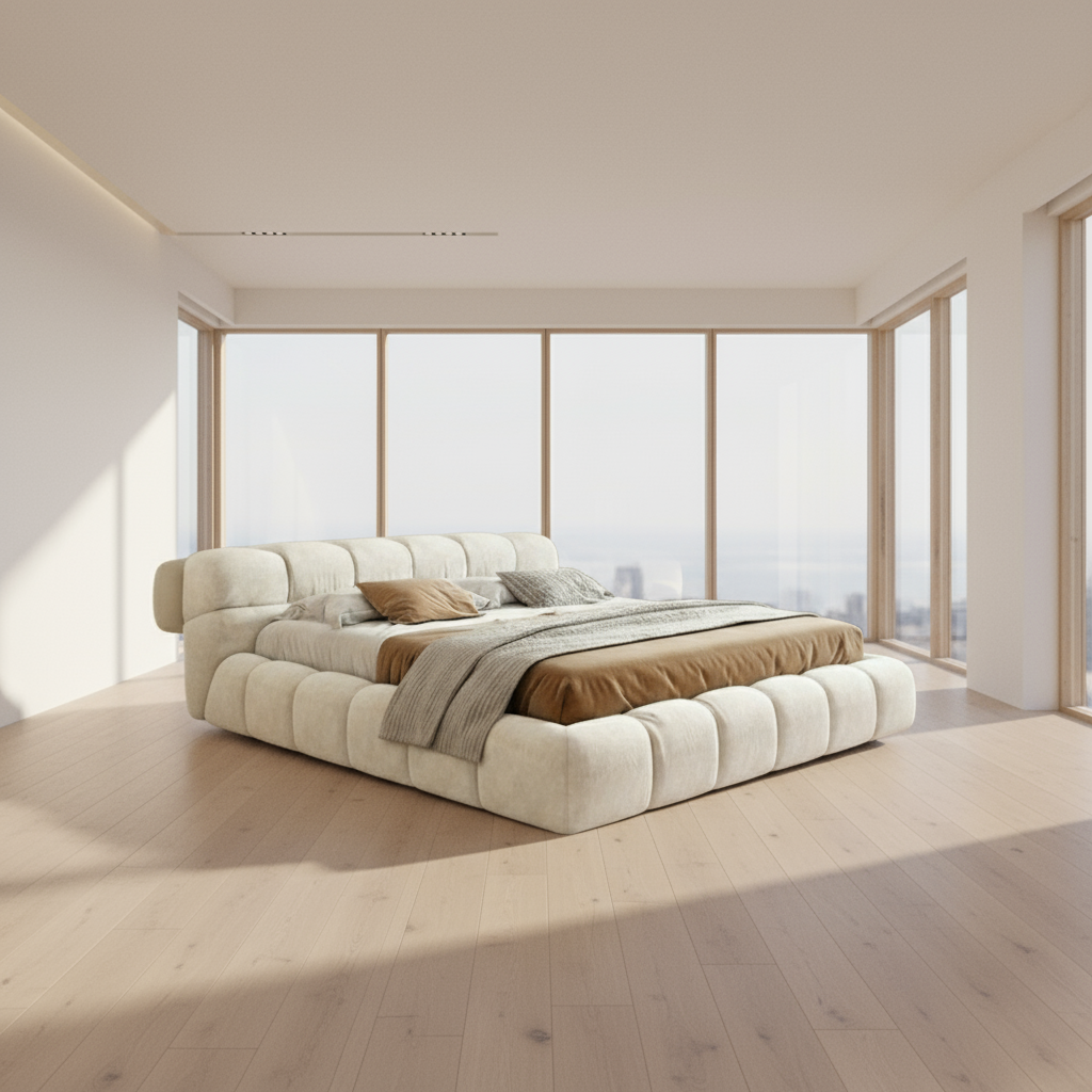 Beige upholstered bed with pillows and blankets on a white background