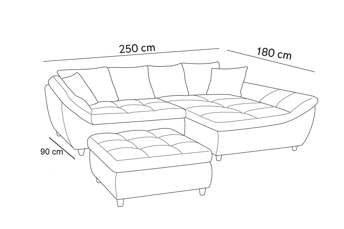 Sofa L Shape & Pouf - Beech Wood - Linen Fabric - Grey - 250x180x90 cm 90x90 cm - Cataloug