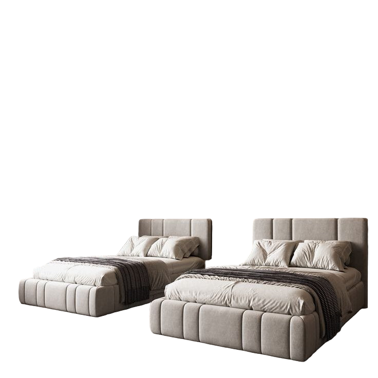 Modern bedroom with two gray beds, decorative wall art, and large windows.