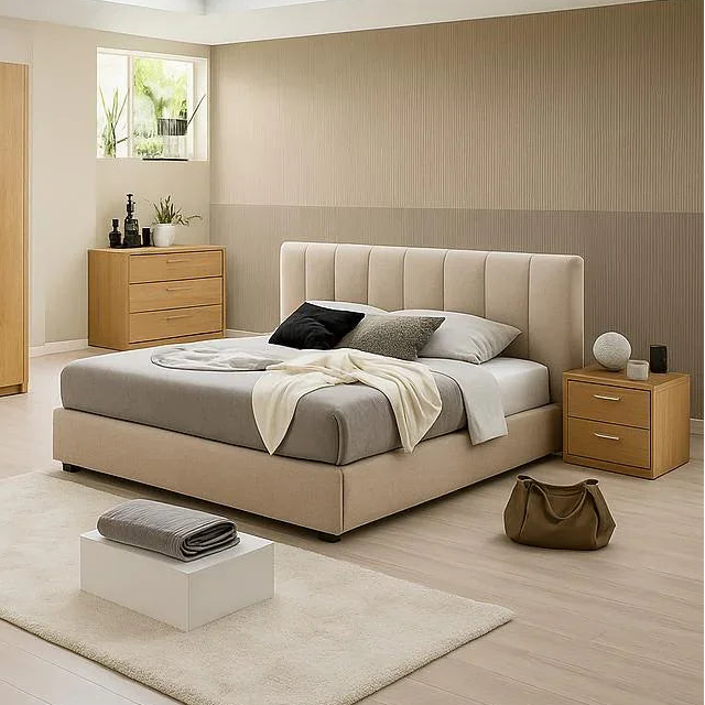 غرفة نوم كاملة - خشب إم دى إف - بيج وبني