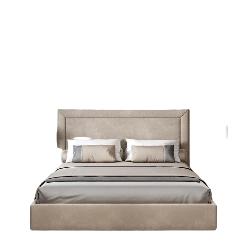 Neatly made bed with beige headboard and matching nightstands in a bedroom setting.