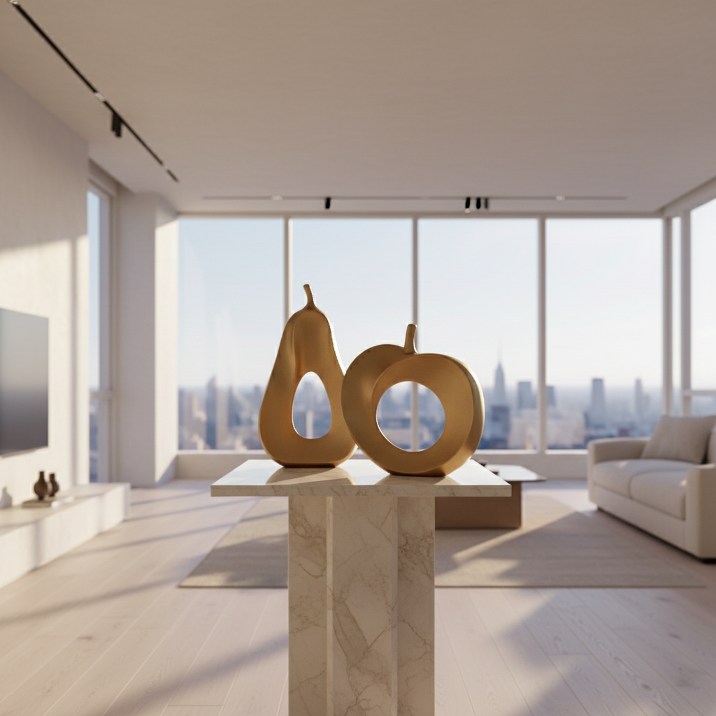 Two gold decorative objects resembling a pear and an apple on a reflective surface.