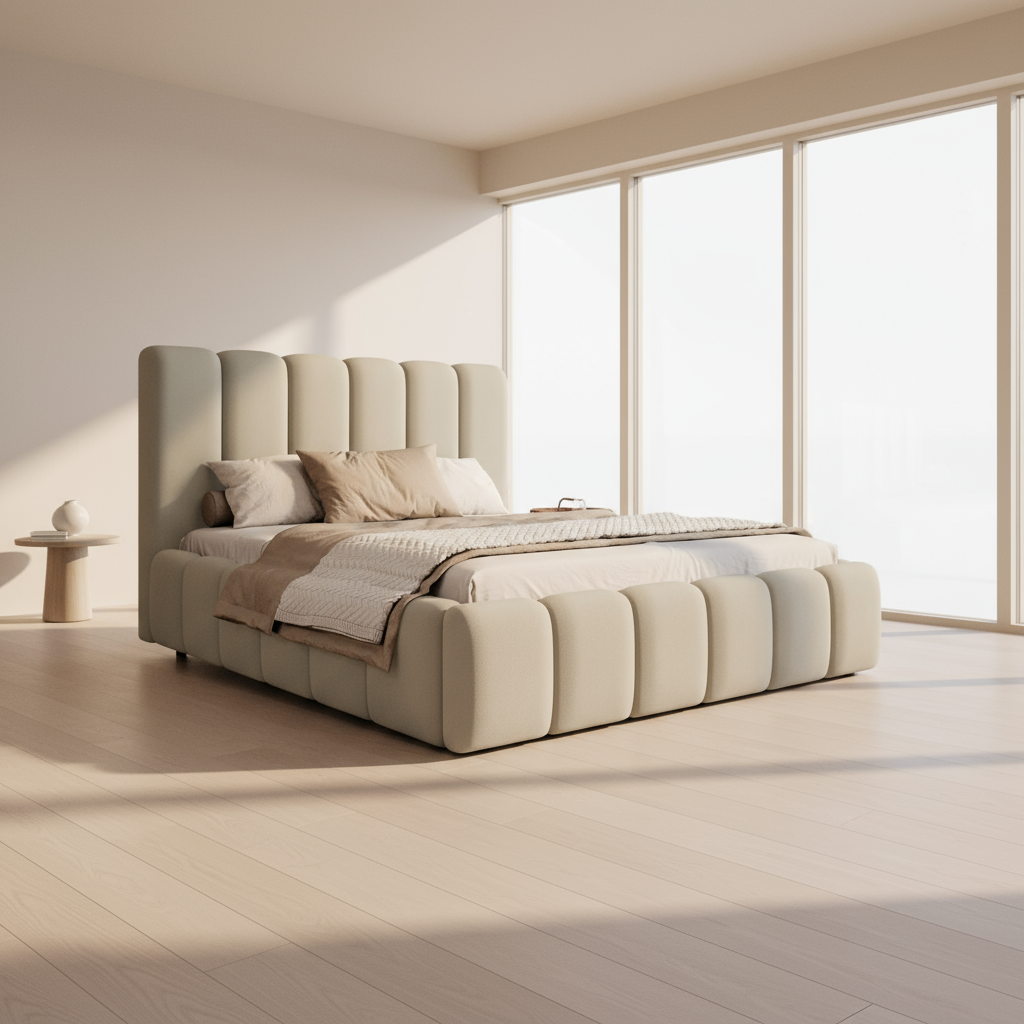 Beige upholstered bed with pillows and blankets on a white background