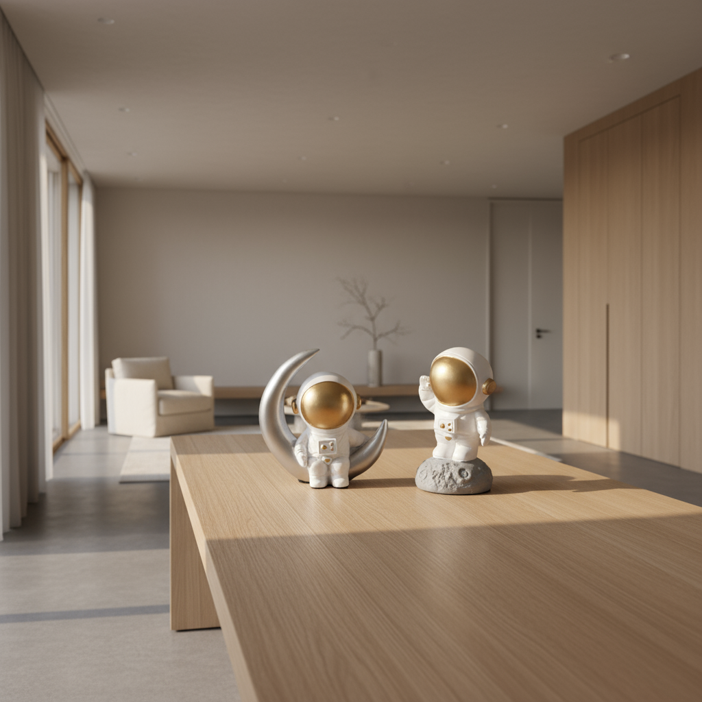 Two astronaut figurines on a reflective surface with a neutral background