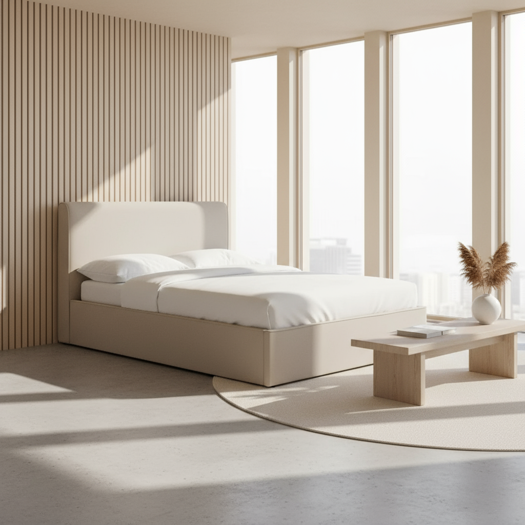 Beige bed frame with white bedding on a white background