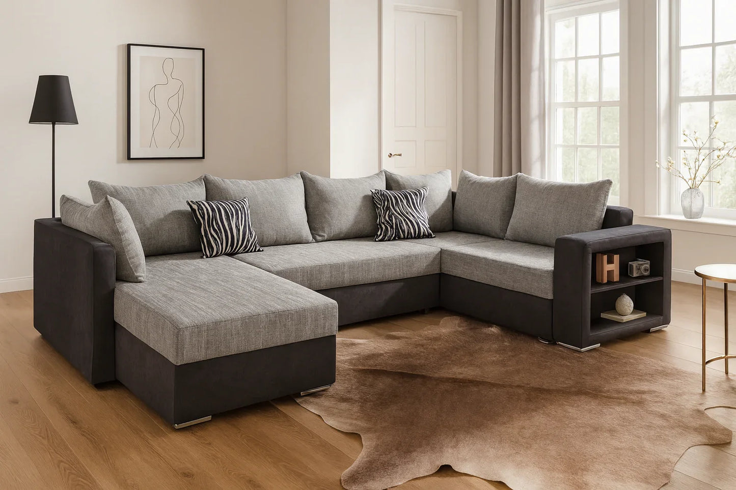 Sofa U Shape - Beech Wood - Linen Fabric - Grey - 300x200x85 cm - Cataloug
