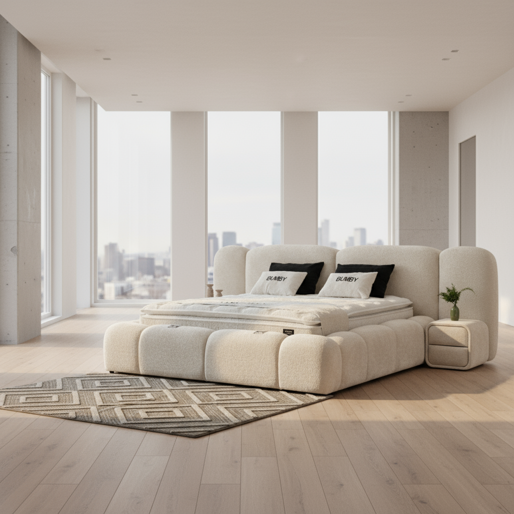 Large beige sectional sofa in a modern living room with wooden flooring and framed pictures on the wall.