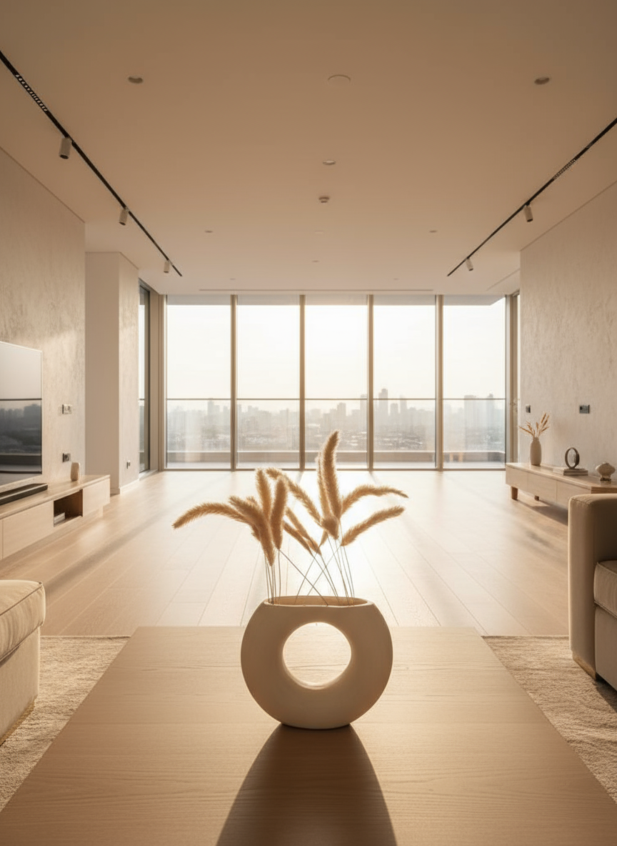 Decorative vase with dried plants on a coffee table in a living room setting