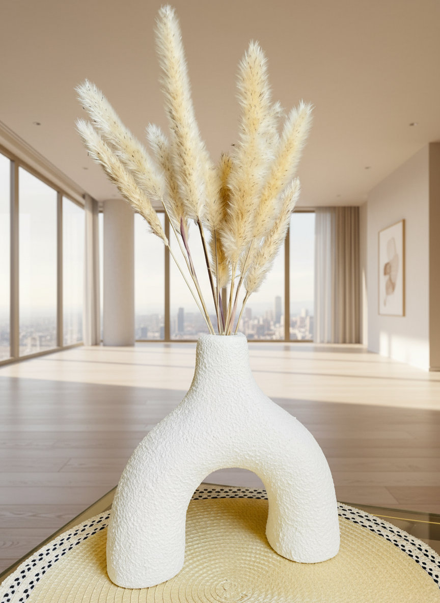 White textured vase with dried pampas grass on a table in a living room setting.