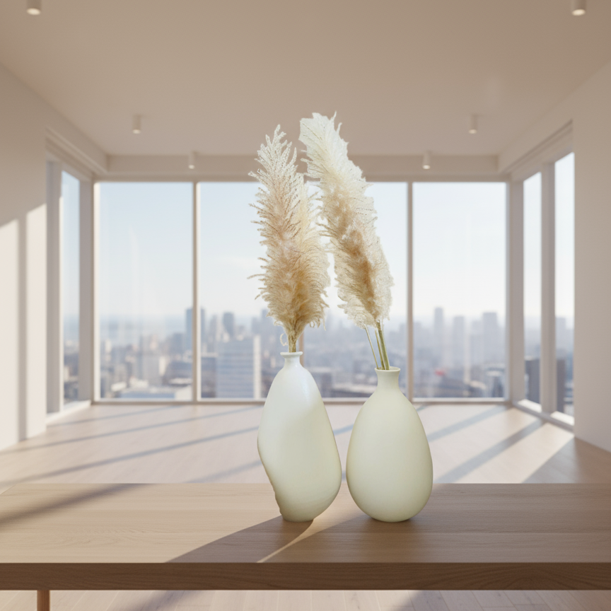 Two white vases with dried plants on a wooden table in a room with large windows.
