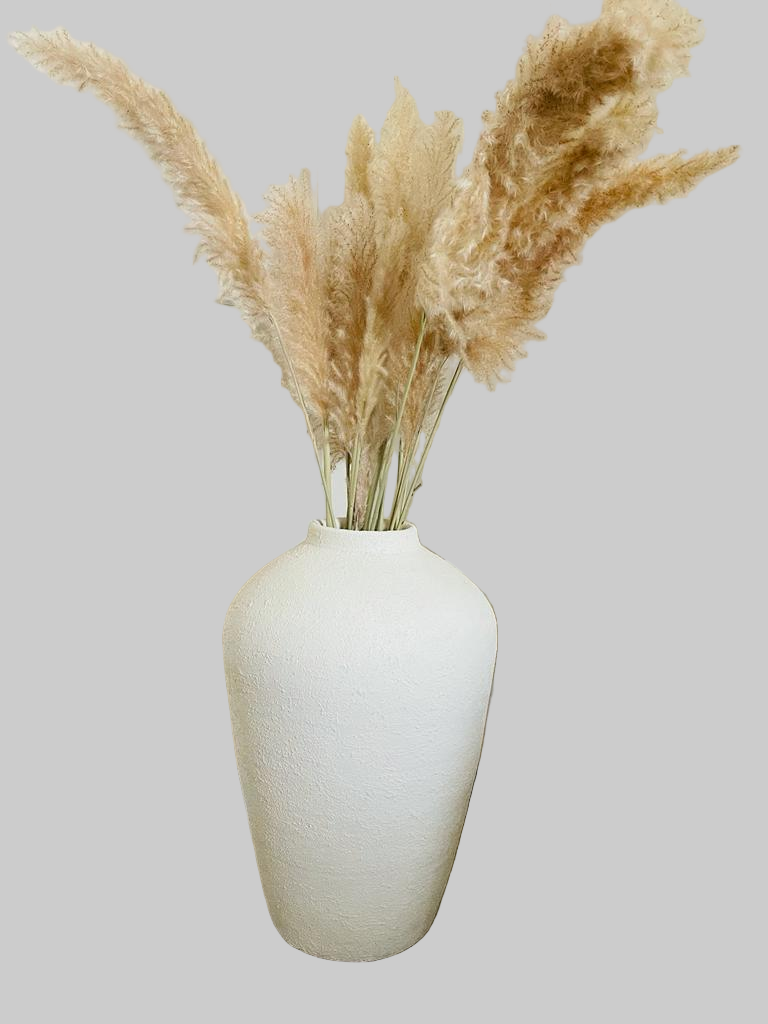 White textured vase with dried pampas grass against a neutral wall.