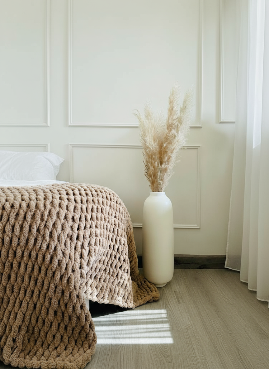 White vase with dried pampas grass against a neutral wall with a textured surface.