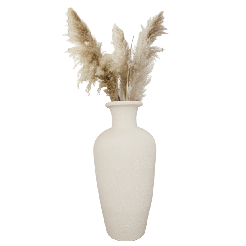White vase with dried pampas grass on a white background