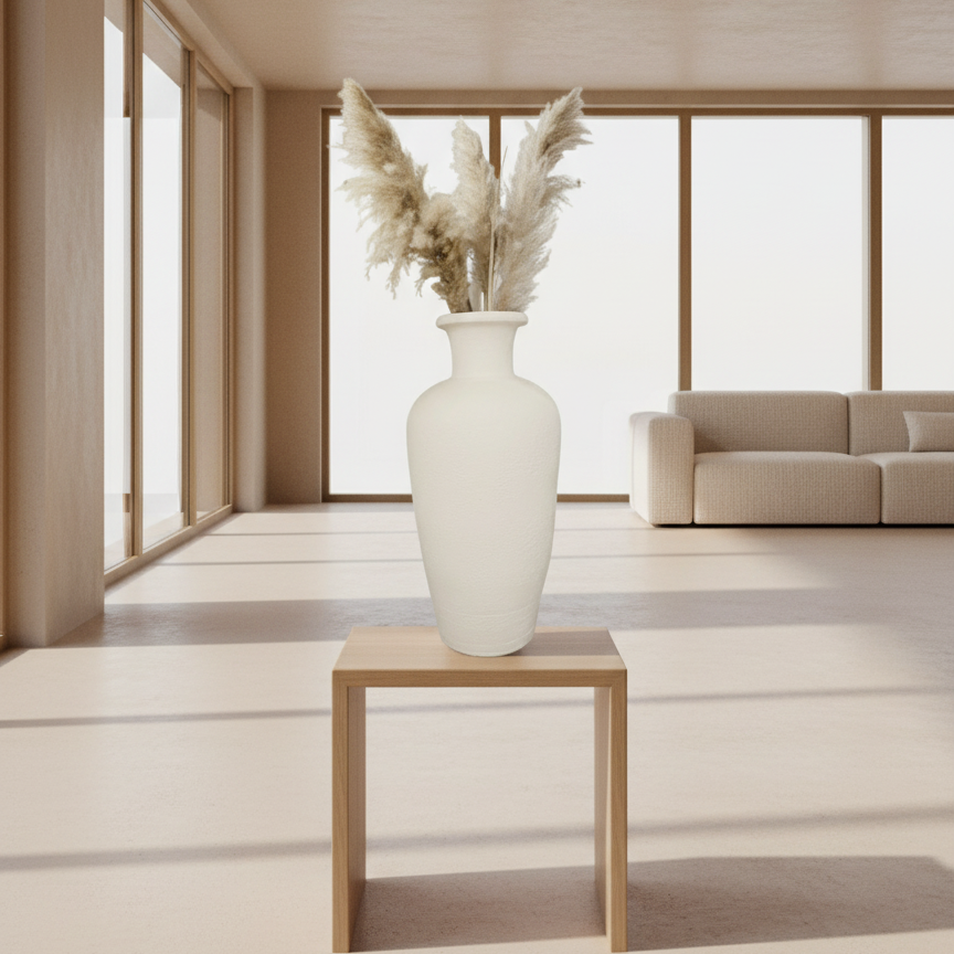 White vase with dried plants on a wooden table in a minimalistic living room.