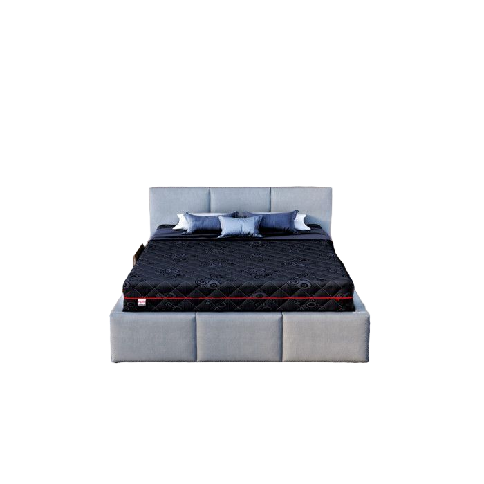 Bed with a black mattress cover in a modern bedroom setting
