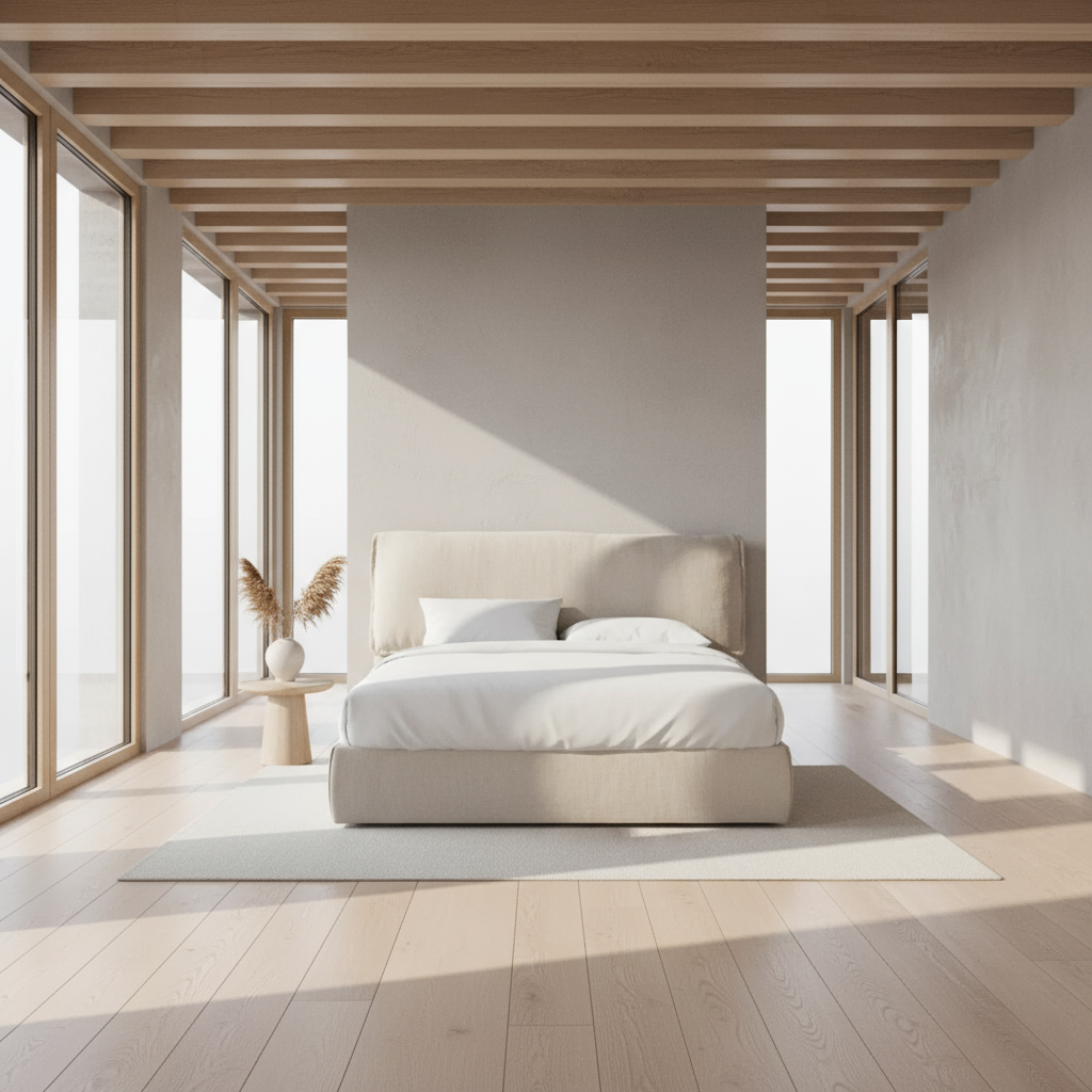 Beige bed frame with white bedding against a plain white background