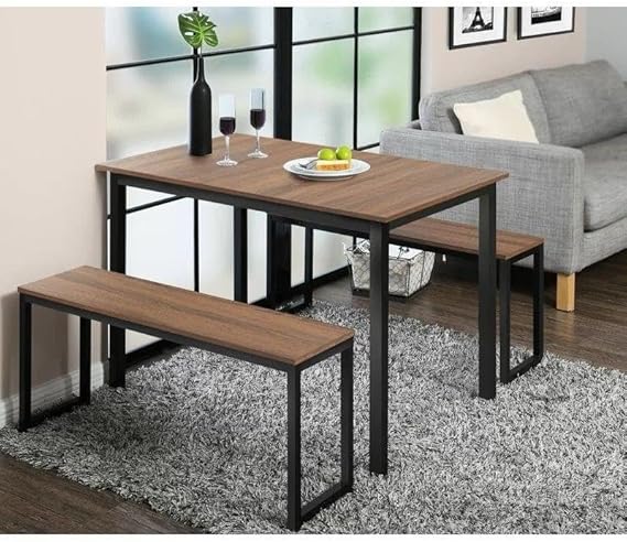Dining Table - 2 Dining Benches - Metal & Wood - Black & Brown - 120 x 70 cm