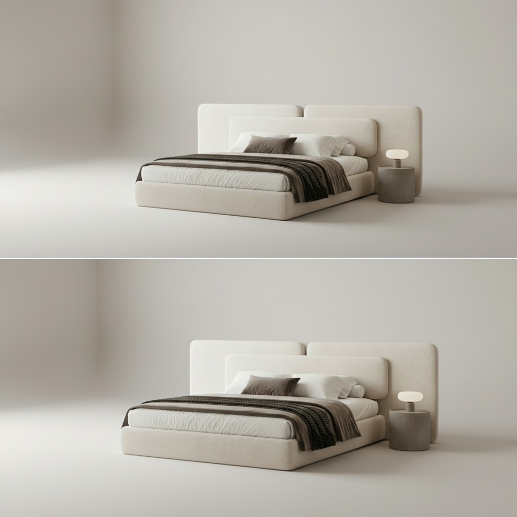 Modern bedroom with a bed and side table, featuring neutral colors and minimal decor.