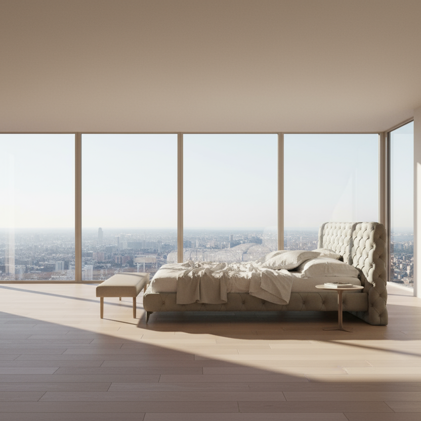Modern bedroom with a large bed and floor-to-ceiling windows overlooking a cityscape.