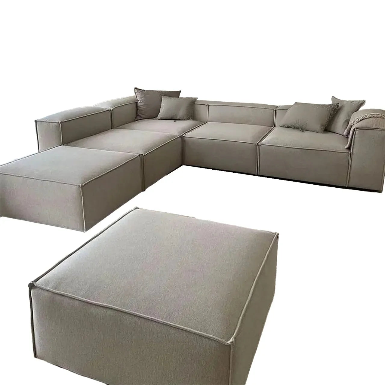 Sofa L Shape & 2 Pouf - Beech Wood - Linen Fabric - Beige - 300x270x90x70 cm - Cataloug