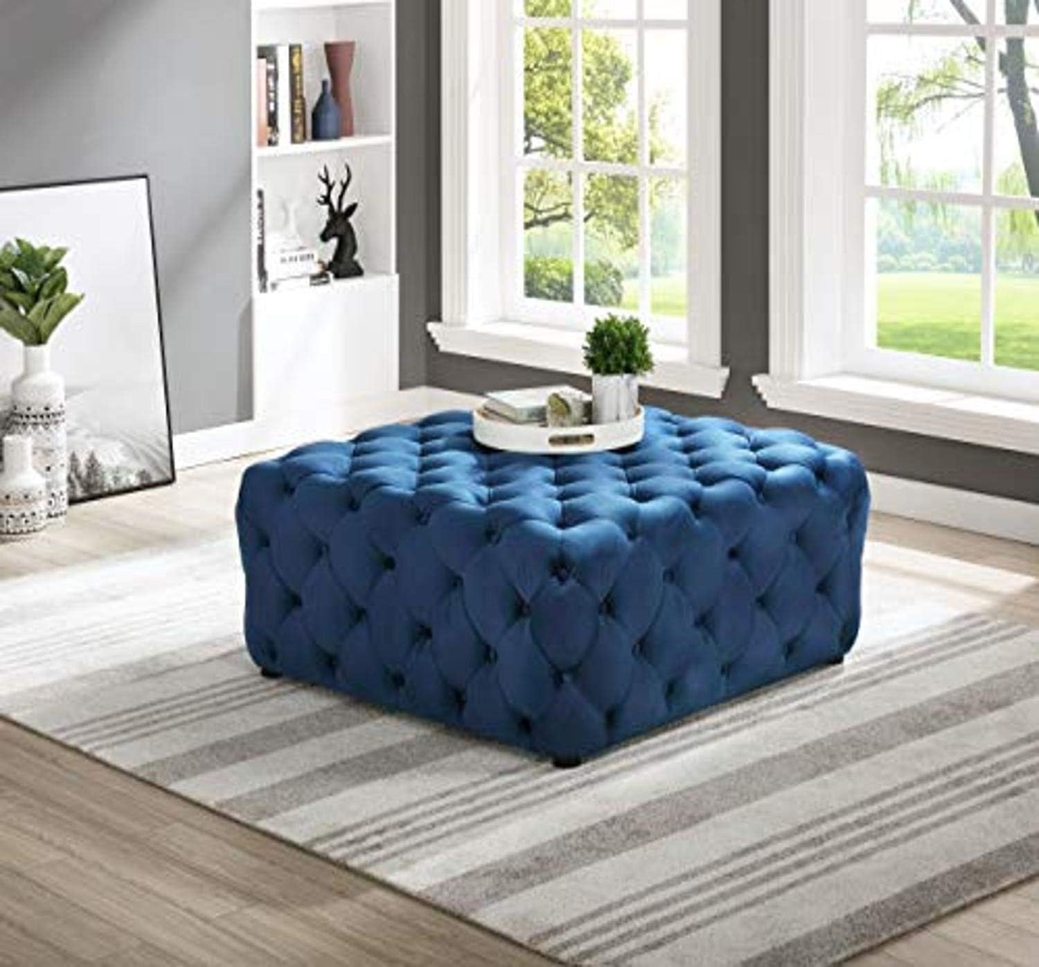 بوف - خشب كونتر - قماش قطيفة - أزرق - 80 × 80 سم