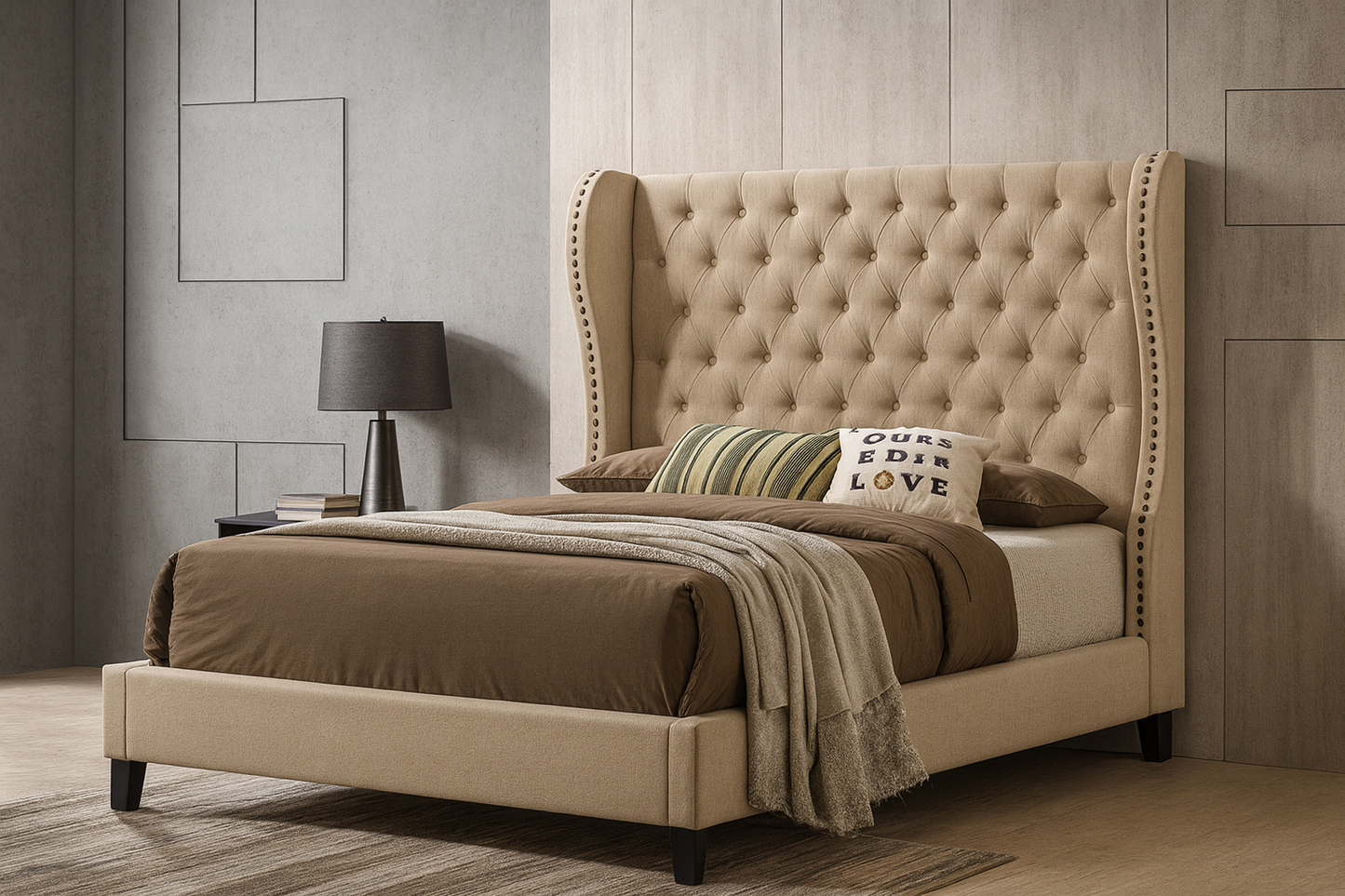 Bed Beech Wood Velvet Beige 180×200