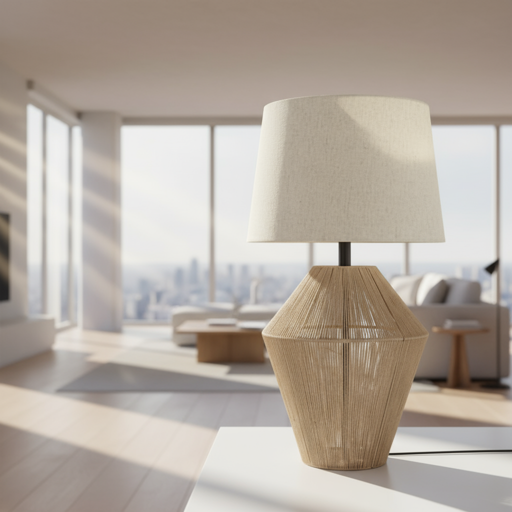 Decorative lamp with a textured base on a surface with books and a small box.