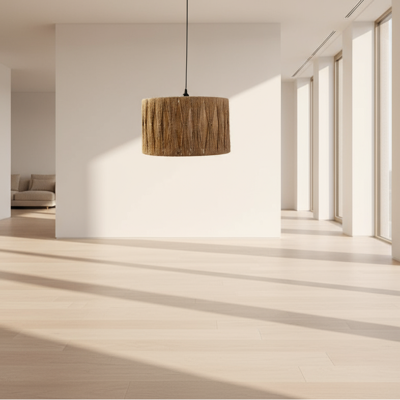 Brown textured pendant light on a plain background