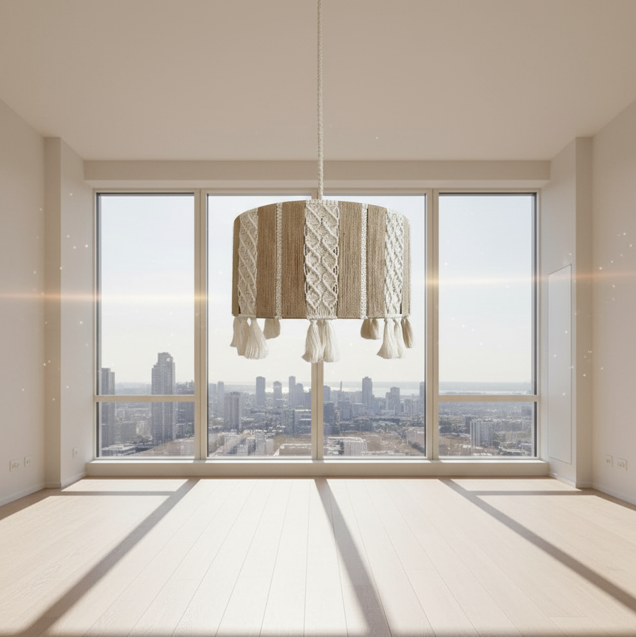 Textured lampshade with macrame design and tassels on a plain background