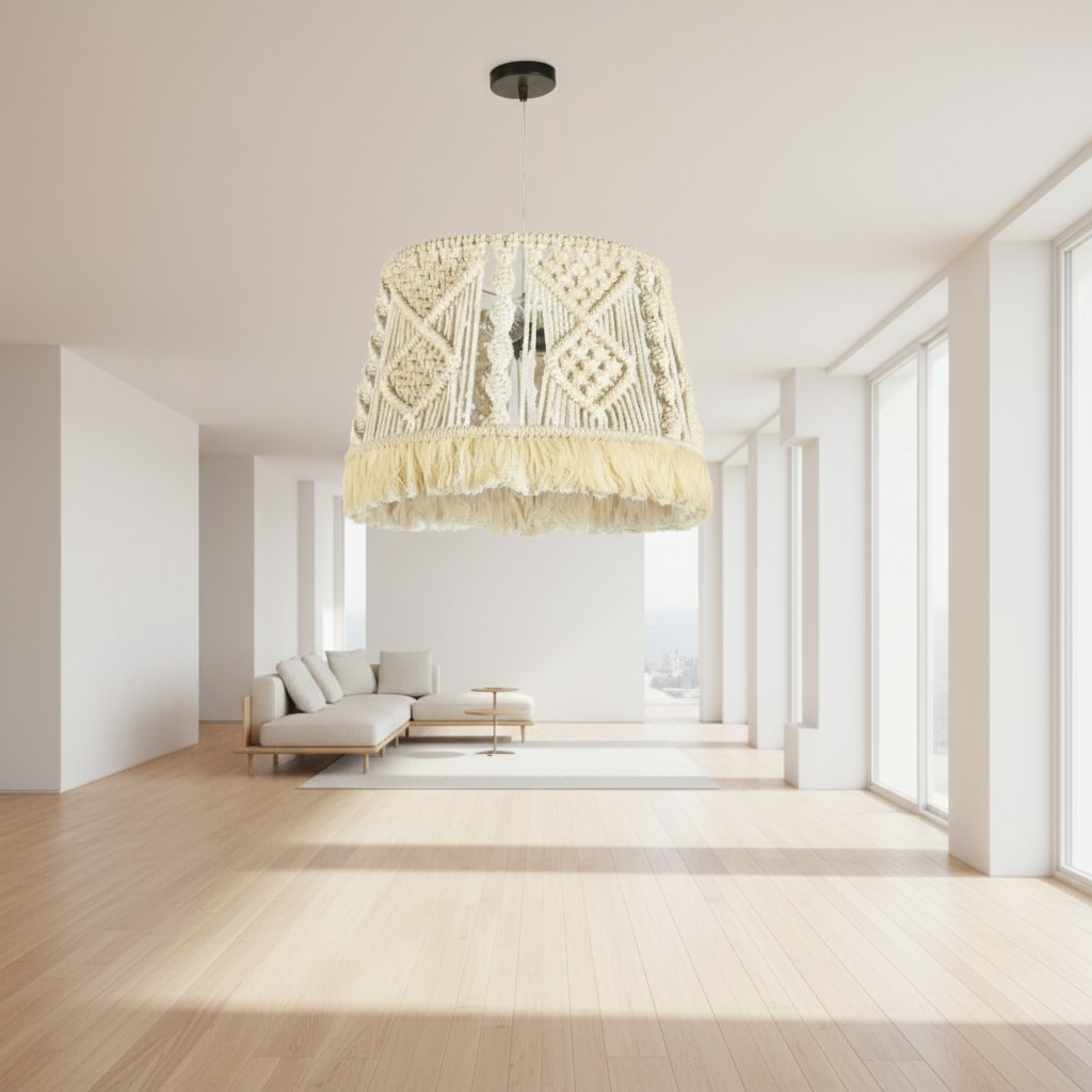 Macrame pendant light with fringe on a plain background