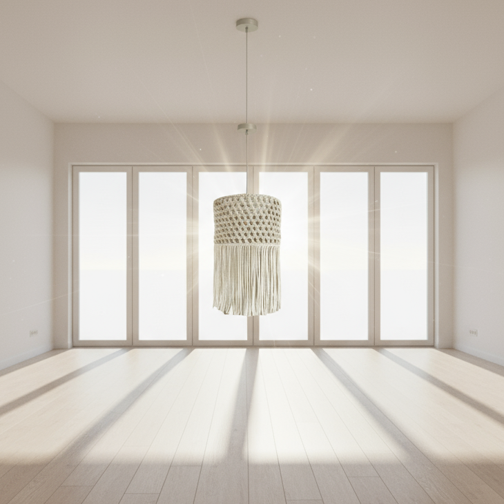 Pendant light with woven design and fringes on a white background
