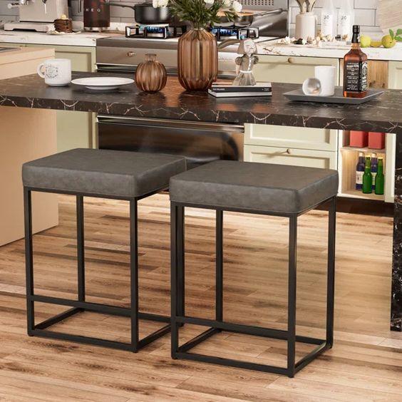 Bar Stool - Steel - Leather Fabric - Black - 70x40x40 cm - Cataloug