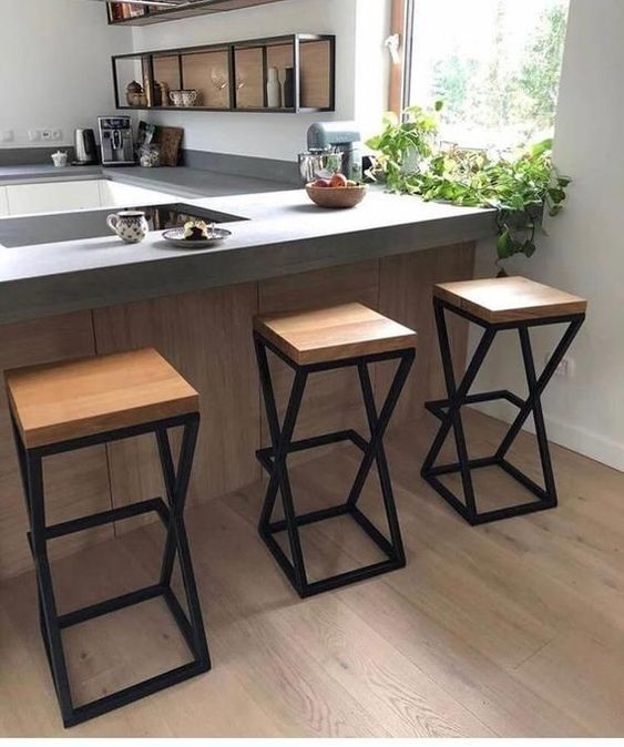 Bar Stool Steel Wood Black