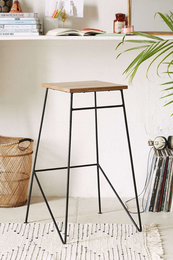 Bar Stool Steel Wood Black