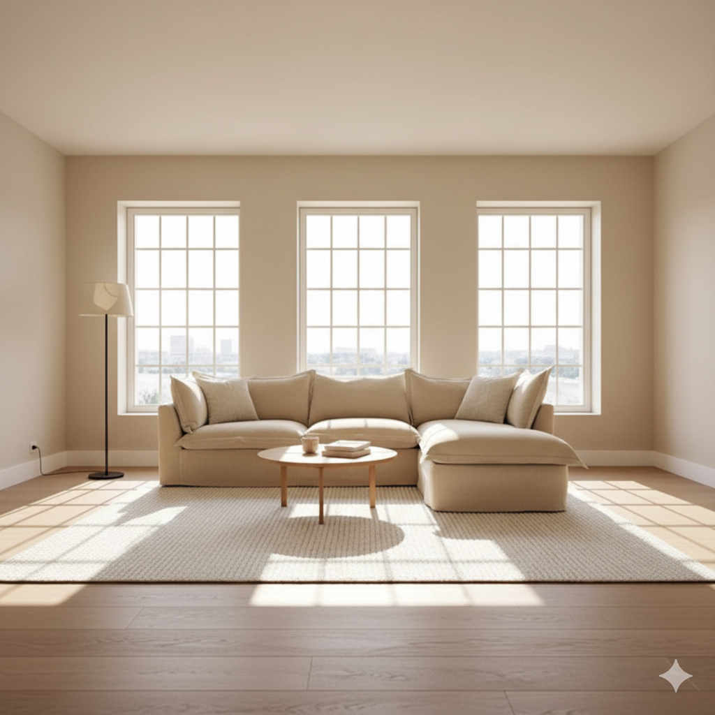 كنبة حرف L - خشب زان - قماش كتان - بيج - 275x180x80x80 سم