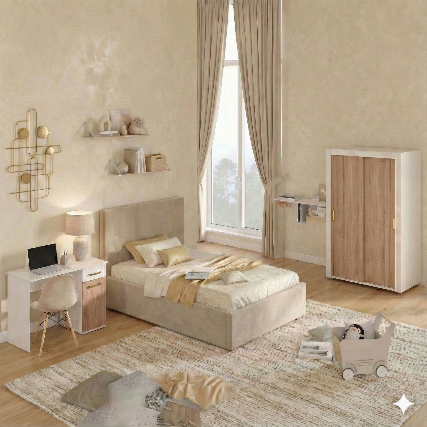 Full Bedroom - MDF Wood - White & Beige