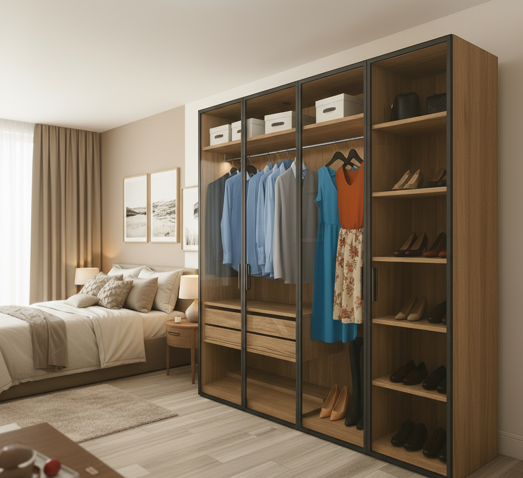 Modern bedroom with a large wooden wardrobe displaying clothes and shoes.