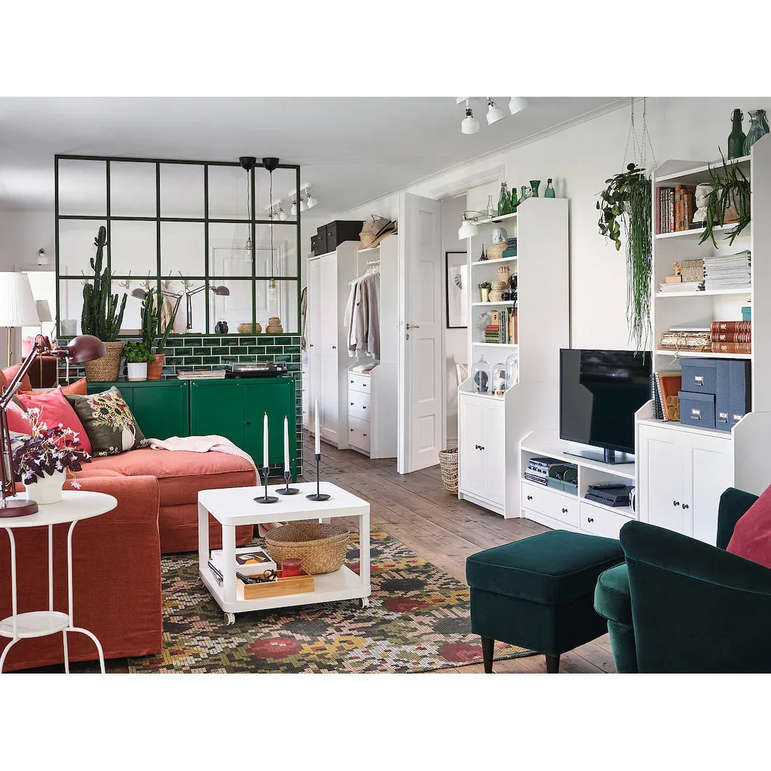 TV Unit with Bookcase - MDF Wood - White - 277x46x199 cm - Cataloug