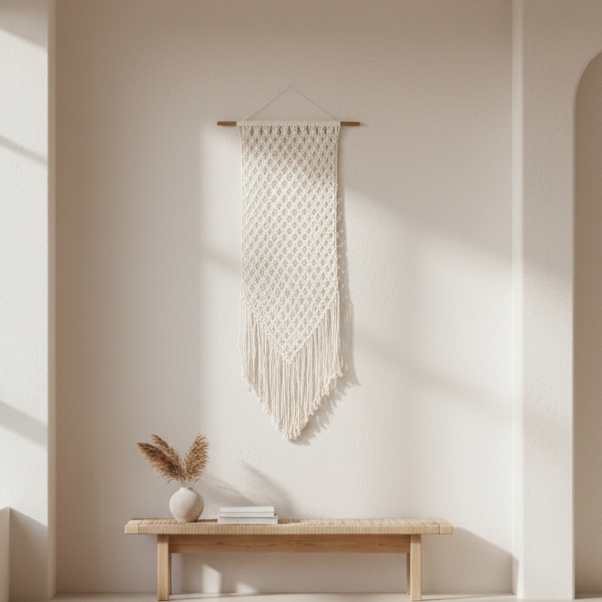 Minimalist interior with a wooden bench, decorative vase, and wall hanging in a softly lit room.