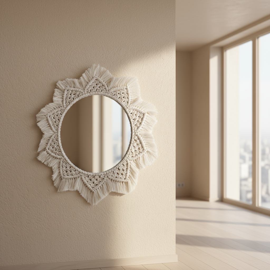 مرآة مكرمية - خيوط قطنية - ؤف وايت - 50 × 50 سم