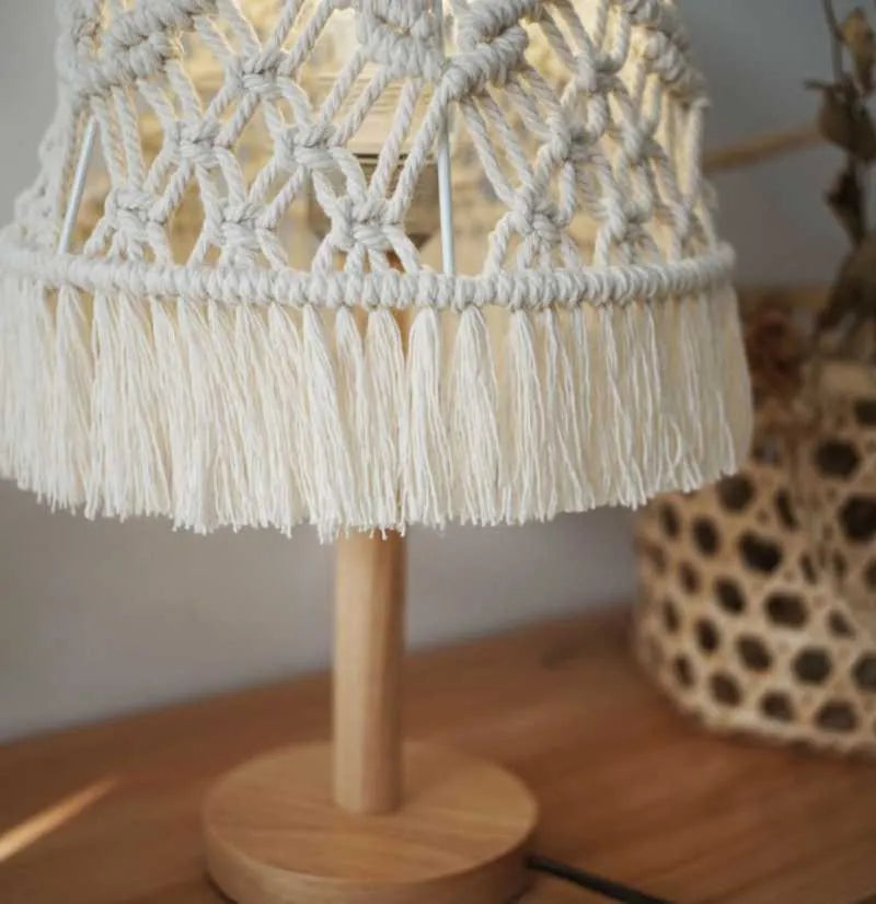 Table Lamp - Beech Wood & Cotton Yarn- Off White & Beige - 45x28 cm