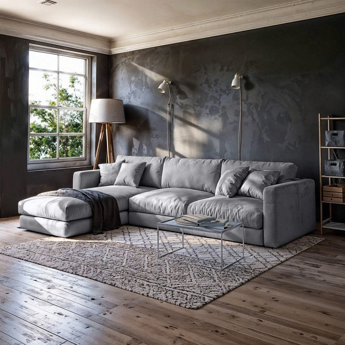 كنبة حرف L - خشب طبيعي - قماش كتان - متعدد الألوان -250x170x90 سم