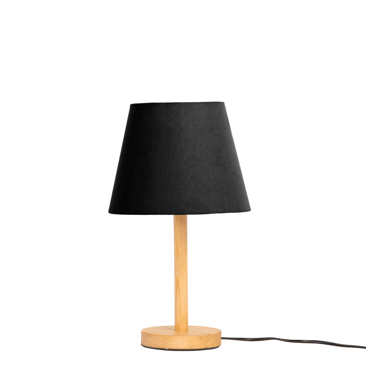 Table lamp with black shade and wooden base on a white background