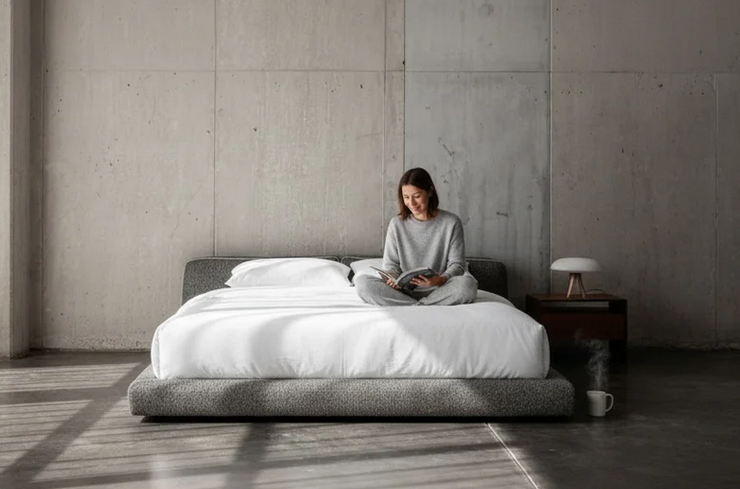 Bed - Natural Wood - Linen - Grey - Multi Size