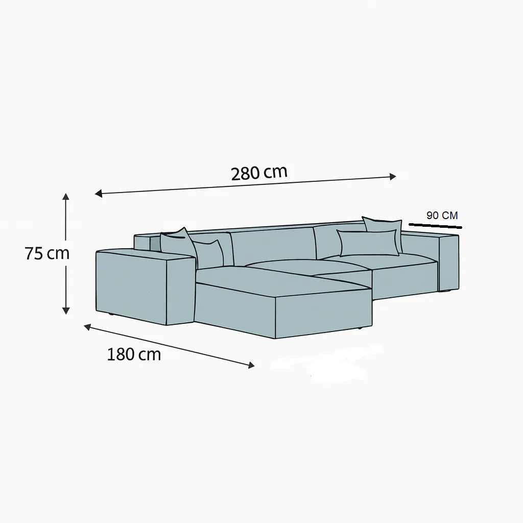 Sofa L Shape - Beech Wood - Linen Fabric - Blue- 280x180x90x75 cm - Cataloug