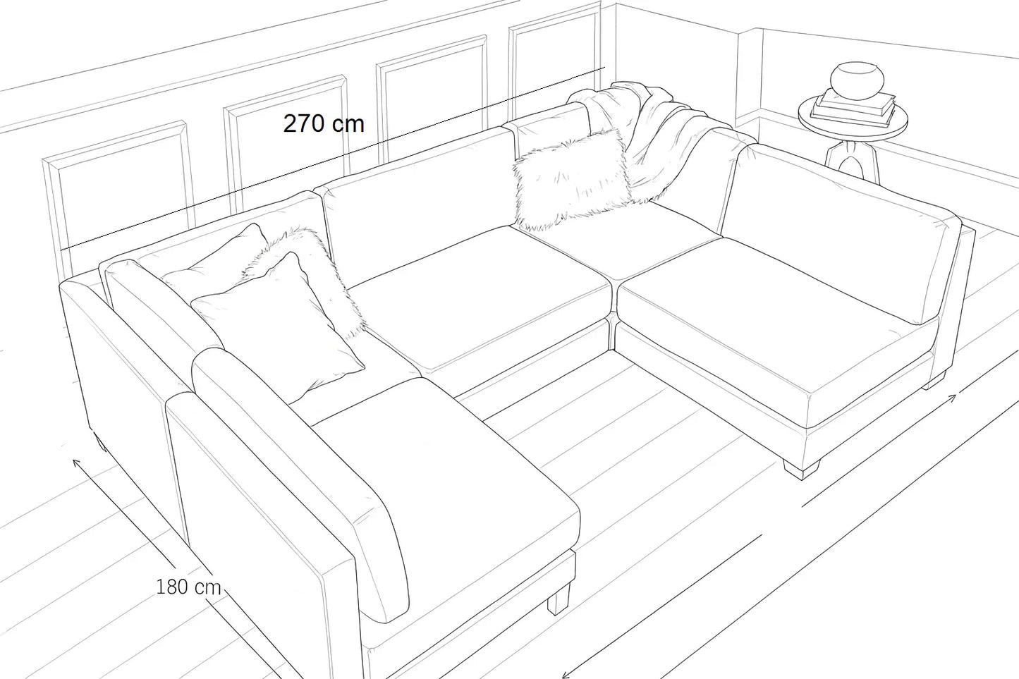 Sofa U Shape & Pouf - Beech Wood - Linen Fabric - Grey - 270x180x180 cm 90x90 cm - Cataloug