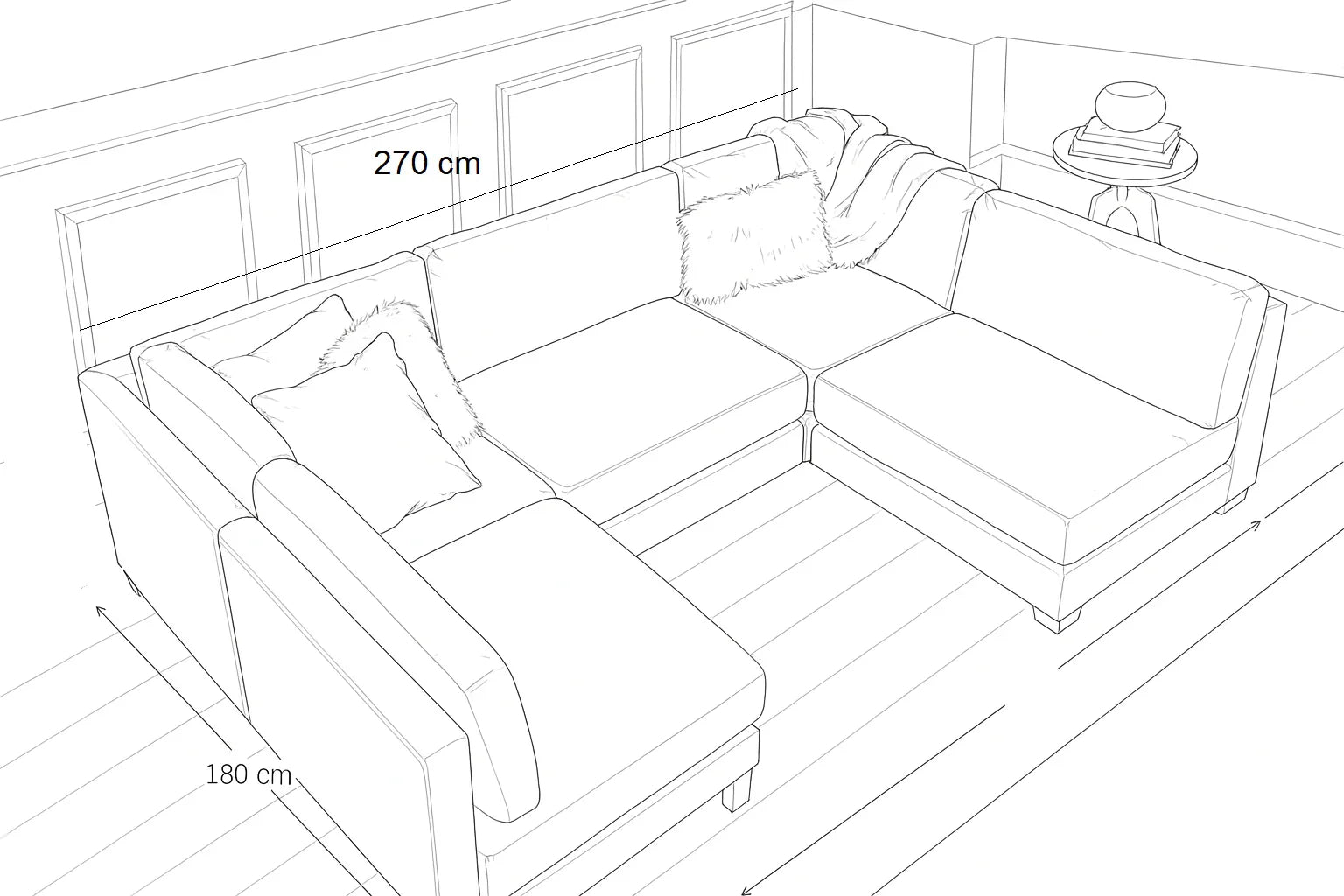 Sofa U Shape & Pouf - Beech Wood - Linen Fabric - Grey - 270x180x180 cm 90x90 cm - Cataloug